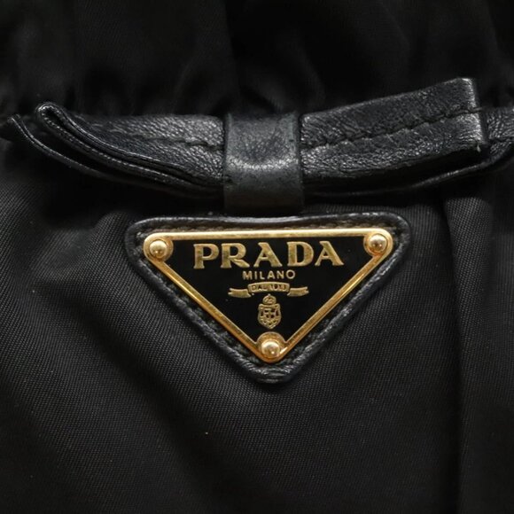 PRADA ribbon Hand Bag Nylon Leather 2way Black Gold Auth ki5666 - Picture 13 of 16